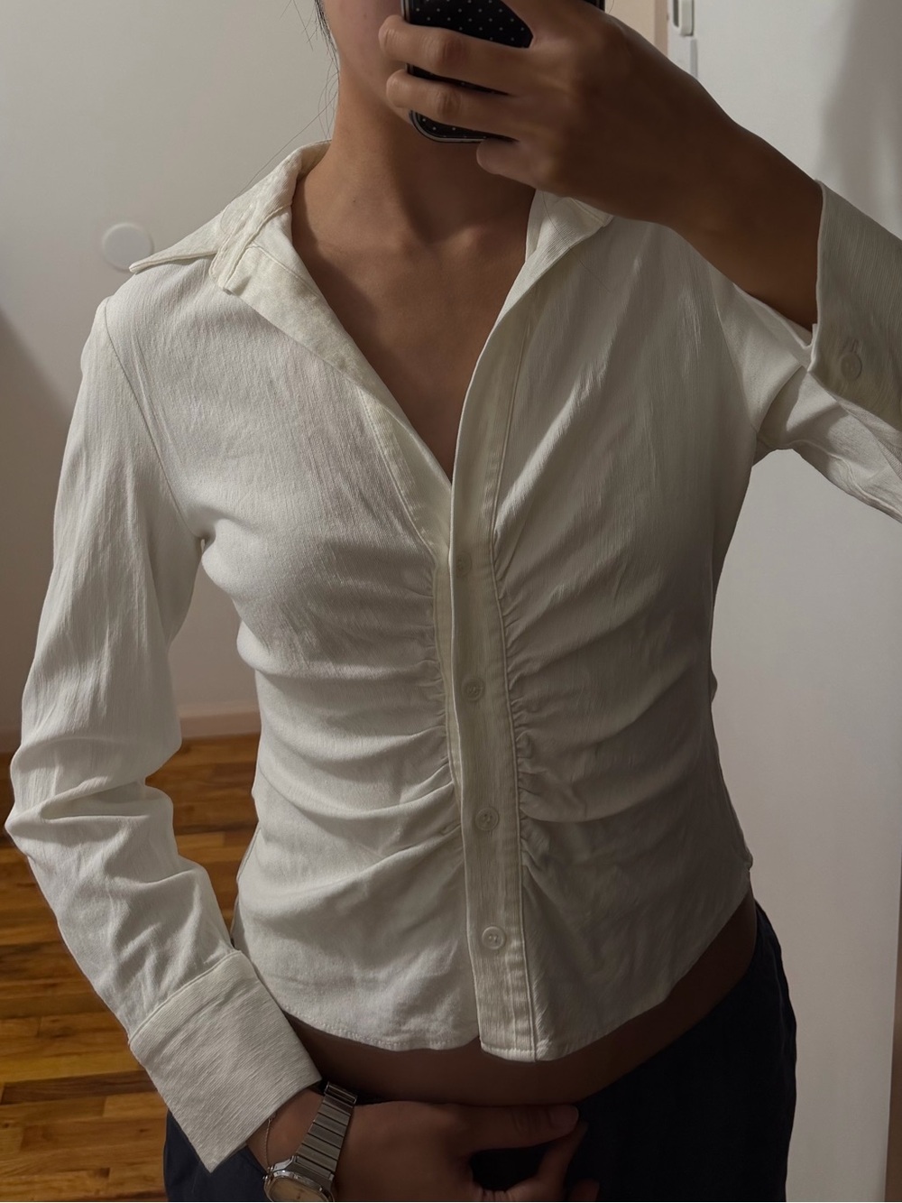 Zara Cream Ruched Button-Down Shirt